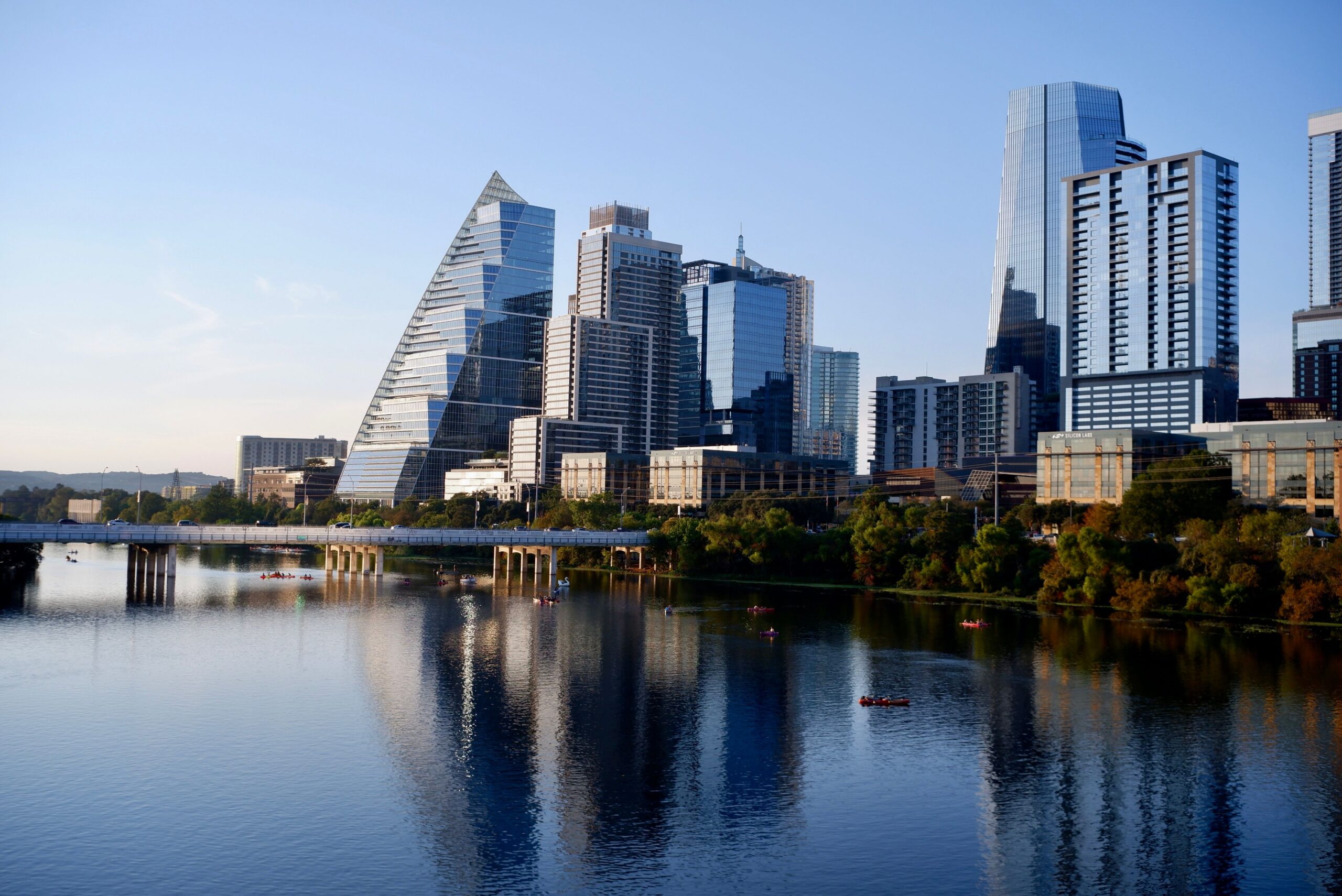 The Austin skyline at dusk from Lady Bird Lake